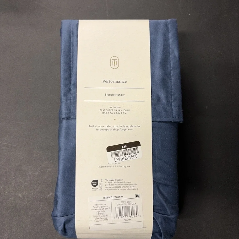 Threshold Performance Cotton Sateen QUEEN Flat Sheet Blue 400 TC Smooth 20571